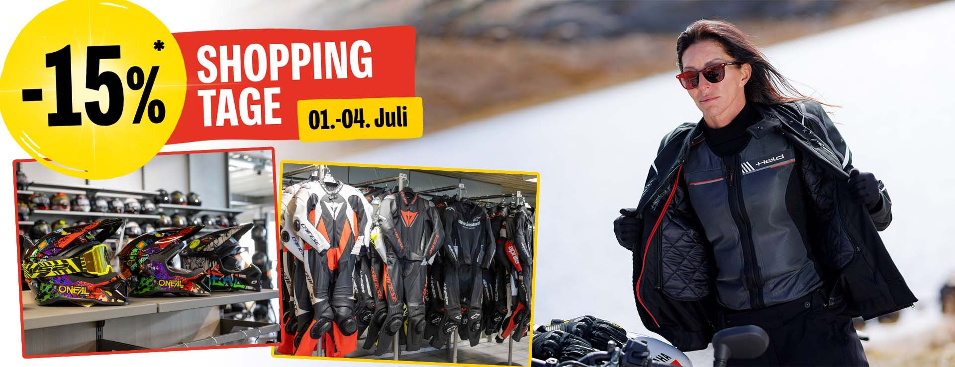 Shopping Tage bei Ginzinger – vom 01. bis 05. Juli satte 15% Rabatt auf alle lagernden Bekleidungsartikel und Zubehör!*
Wir laden euch herzlich zu unseren exklusiven Shopping Tagen ein. Nutzt die Gelegenheit, um euer Equipment aufzurüsten und perfekt in den Sommer zu starten. In all unseren Filialen erwartet euch ein gigantisches Sortiment an modernster Fahrerausstattung, Motorradbekleidung, praktischem Zubehör, Ersatzteilen und vielem mehr. Unser kompetentes Fachpersonal steht euch mit Rat und Tat zur Seite, damit ihr garantiert das Passende findet.
*Gültig auf lagernde Bekleidung & Zubehör bis 04.07.2026. Ausgenommen: Gutscheine, Shoei, Airbag, Merchandising Produkte und Kombinationen mit anderen Ermäßigungen.